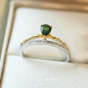 Natural Chrysocolla Green Gemstone Ring for Women Stackable Double Layer Diamond Encrusted Silver Ring Unique Design Jewelry