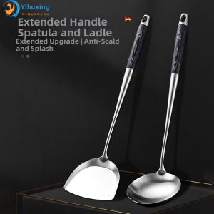 Stainless Steel Cooking Spoon and Spatula Extended Wooden Handle
