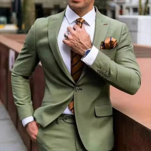 Bộ Vest Nam Slim Fit 2 Mảnh Màu Xanh Lá Áo Khoác Cổ Chia Quần Dài Trang Phục Lịch Sự Thông Thường Dành Cho Công Việc