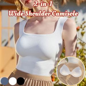 2in1 Square Collar Camisole Sleeveless Vest Top with Chest Pad Ice Silk Seamless Bra Tank for Women