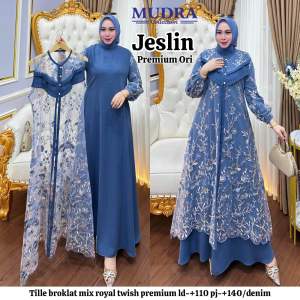 JESLIN DRESS. Bahan Tille Brokat Mix Royal Twish Premium. LD.110cm. PJ.140cm.
