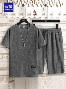 Romon Men Linen T-shirt Suit Summer Thin Chinese Style Retro Casual Sports Ice Silk Short Sleeve Two-piece Set