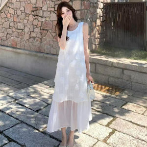 wa🌼 2025 ชุดว่ายน้ำชายหาด ฤดูร้อน ชุดเดรสยาวแขนกุดสีขาว ทรงเอ คอเหลี่ยม กระโปรงทรงเอ ผ้าฝ้ายผสมโพลีเอสเตอร์