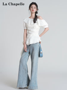 La Chapelle | Slimming White Lace Ruffled Off-shoulder Short Sleeve Shirt