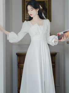 Elegant White Long Sleeve Wedding Dress for Women Registration Ceremony Engagement Party Wear A-Line Midi Dress Korean Style
