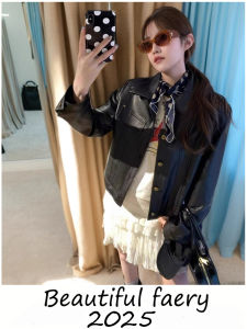 เสื้อแจ็คเก็ตหนังสีดำสไตล์ลำลอง เสื้อคลุมกันหนาวแขนยาวมีกระดุม ทรงหลวม สไตล์ไปทำงาน ฤดูใบไม้ร่วง 2025