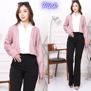 Kemeja Crop Top Valen atasan wanita polos kombinasi warna dasar putih |tangan panjang Casual