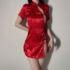 Elegant ผู้หญิง Cheongsam ชุดราตรีชุด High Slit แขนสั้นเส้นใยโพลีเอสเตอร์ยืดหยุ่นสวมใส่ทุกวันแยกความสูง F-49