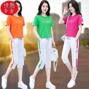 Pure Cotton Short Sleeve Seven-Foot Pants Sports Set Women Summer New Square Dance Clothing Group Casual Two-Piece Set