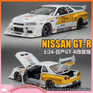Diecast 1:24 GTR R34 LBWK Mainan Mobil super silhouette skyline Dengan lampu dan musik Suspensi Ban Belok Model Mobil Mainan