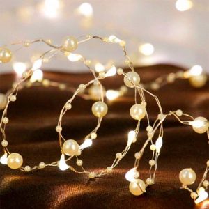 1pc 20/50 LED Red/White Pearl String Lights Pearlized Copper Wire Fairy Lamp Battery Powered For Home Wedding Festival Decor