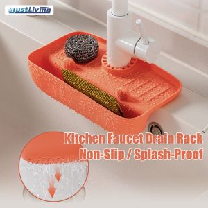 JustLiving Kitchen Faucet Splash-Proof Drain Rack Non-Slip Tpr Sink Absorbent Mat Faucet Pad With Storgae Box Bathroom Kitchen Countertop Protector Tools Sink Catchment Mat Bath draining organizer