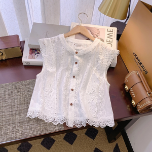 French Style Womens Lace Edge Short Sleeve Blouse for Summer Slim Fit Round Collar Beautiful and Unique Little Shirt
