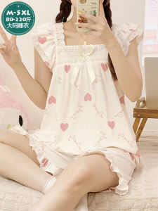 ชุดนอนผู้หญิงคอวีแขนกุดพิมพ์ลายหัวใจทรงหลวมๆ 2 ชิ้น สไตล์หวานๆ สำหรับใส่อยู่บ้านในฤดูร้อน Pure Cotton Sleepwear