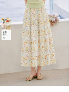 XIANGYING | Chân Váy Midi A-Line Cao Waist Cotton Hoa