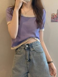 Áo Thun Tay Ngắn Màu Xanh Tím Đặc Biệt Cho Nữ Mùa Hè Cỡ Lớn Áo Thun Ngắn Thời Trang Chất Liệu Sợi Băng Áo Thun Cổ Tròn