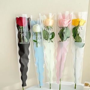 50pcs Bouquet Bag Transparent Plastic Various Colors Single Rose Packaging For Valentines Day Romantic Floral Gift Packaging