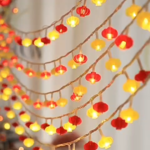 Dây đèn LED lồng đèn may mắn mini tông vàng đỏ cắm điện 8 chế độ nháy decor Lễ Tết