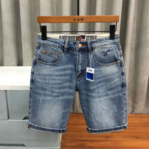 กางเกงขาสั้นผ้ายีนส์ชายสไตล์อเมริกัน ปักลายเรียบง่าย ทรงตรง กางเกงขายาวห้าส่วน กางเกงขายาวลำลองสำหรับฤดูร้อน