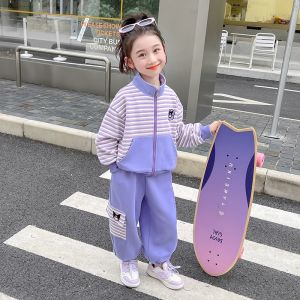 Spring Autumn Childrens Sporty Girls Outfit Two-Piece Set Blue Star Honey Brand Daily Wear Cartoon Patterned Jacket And Pants