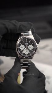 Jam Tangan Pria Casio Chronograph MTP-1374D-1A3 Black Dial Silver Stainless Steel Band