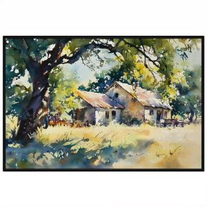 Tranh màu nước phong cảnh làng quê. Tranh treo tường dán tường canvas trang trí. CGI-1871
