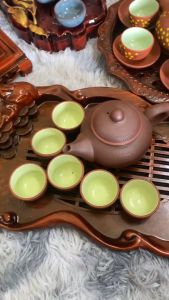 Combo khay trà và bộ ấm chén tử sa cổ cao gốm sứ Bát Tràng màu Nâu bộ thưởng trà đẹp