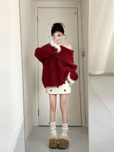 XUECAIQI | Autumn Winter New Year Outfit Sweet One Shoulder Polka Dot Two-Piece Set