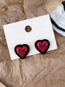 Red Heart Velvet Letter Resin Earrings Simple Elegant 3D Ear Cuff Studs Fashionable Allergy Free Daily Wear Neutral Style