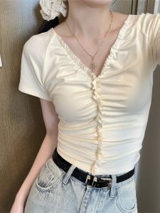 French V-neck Short Sleeve T-shirt Womens Fashion Slim Fit Pleated Waist-Cinching Short Length Summer Top Small Size