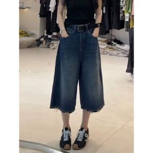 High Waist Loose Fit Blue Denim Jeans Womens Autumn New Style plus Size Straight Leg Wide Leg mid Length Casual Trousers
