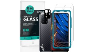 IBYWIND Screen Protector For POCO X3 GT with 2 Pcs Tempered Glass1 Pc Camera Lens Protector1 Pc Backing Carbon Fiber Film [Fingerprint Reader Easy to install]