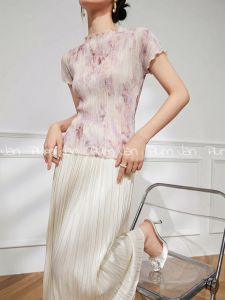 PlumJan | Áo Thun Tay Ngắn Nữ Phong Cách Pháp Vintage Tie-dye Chất Liệu Voan Xếp Nếp Màu Dần Biến