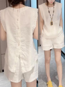 Shalldoer | Fashionable Casual Lace Splice Loose Slimming Womens Set Summer New Style Short Pants Top Two-Piece Set Round Neck Short Sleeve
