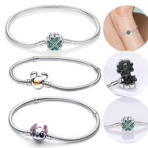 Disney | Charms Plata 925 Bracelets 17-20CM Four-Leaf Clover & Love Sparkling Heart And Snake Bracelet For Womens DIY Fine Jewelry Gift