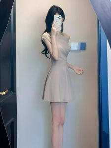 Fall Winter Elegant Khaki Shoulder Bared Dress Important Occasions Ladylike Quality Goddess Style Skirt High Waist A-Line Dress