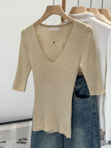 Korean Style Soft V-Neck Midi Sleeve Knitted Sweater Women Summer New Inner Wear Base Layer Small Top Slim Fit Commute Style