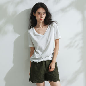 Miccbeirn | Silk Long Staple Cotton Casual Short Sleeve T-Shirt V-Neck Slimming Versatile Top Solid Color Casual Commute Inner Wear