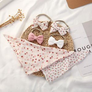 3pcs/Set Muslin Cotton Baby Bib Bow Headband Adjustable Button Triangle Saliva Towel Print Infant Boy Girl Feeding Burp Cloth