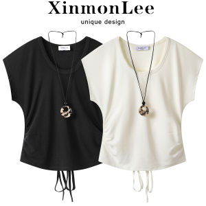 Chic Short Sleeve Hollow out T-Shirt Womens Summer Fashionable Shoulder Drop Design Breathable Casual round Neck Top