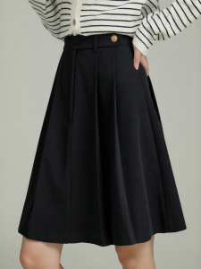 Black Casual High Waist A-Line Pleated Mini Skirt Womens Spring 2025 Loose Slimming Long Skirt Stylish Commute Pure Color