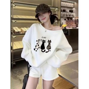 SUSHOUWANGE | Cartoon Cat Print Slant Collar Korean Loose Casual Thin Off-Shoulder Hoodie