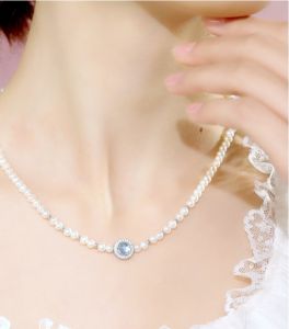 ZHOU LIU FU 周六福 S925 Sterling Silver Freshwater Pearl Jewelry Set Sapphire Bracelet and Necklace Women Gift X0515195 X1915196