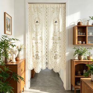 Cute Cat Lace Door Curtain Vintage Hollow Semi‑Sheer Rod Pocket Cabinet Curtain Kitten Flower for Home Cafe Window Decor