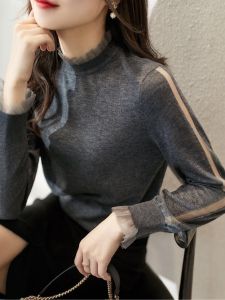 French Style Knitted Base Shirt Half High Collar Inner Wear Wooden Edge Ear Womens Fashionable Autumn Top Elastic Regular Fit