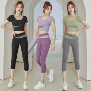 Summer Yoga Fitness Outfit Set Womens Professional Running Sport Weight Loss Short Sleeve Top Quick Dry Seven-Foot Pants