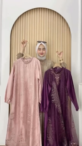 Ameella Dress Velvet Premium Full Brokat Kondangan Pesta Mewah Elegan Gamis Wanita Muslim Remaja Terbaru Tren 2025 Warna Burgundy Kekinian