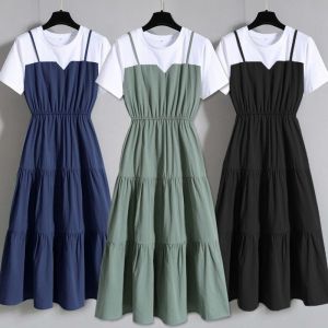 【STOCK+COD】Fashion Short Sleeve Sling Fake Two Piece Long Dress Look Slim