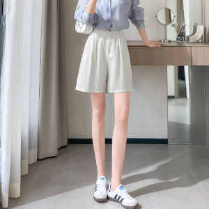 กางเกงขาสั้นลายทางผ้าลินินผสมไหมบางเอวสูงทรงเอสำหรับผู้หญิงในช่วงฤดูร้อน กางเกงขายาวทรงหลวมเอวสูงทรงหลวม