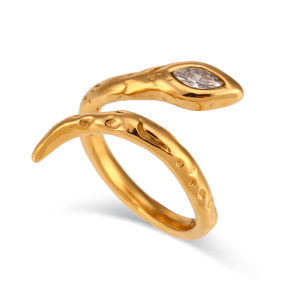 E.B.belle Hypoallergenic Green Clear Cubic Zirconia 18K Gold Plated Stainless Steel Snake Ring Womens Waterproof Titanium Ring